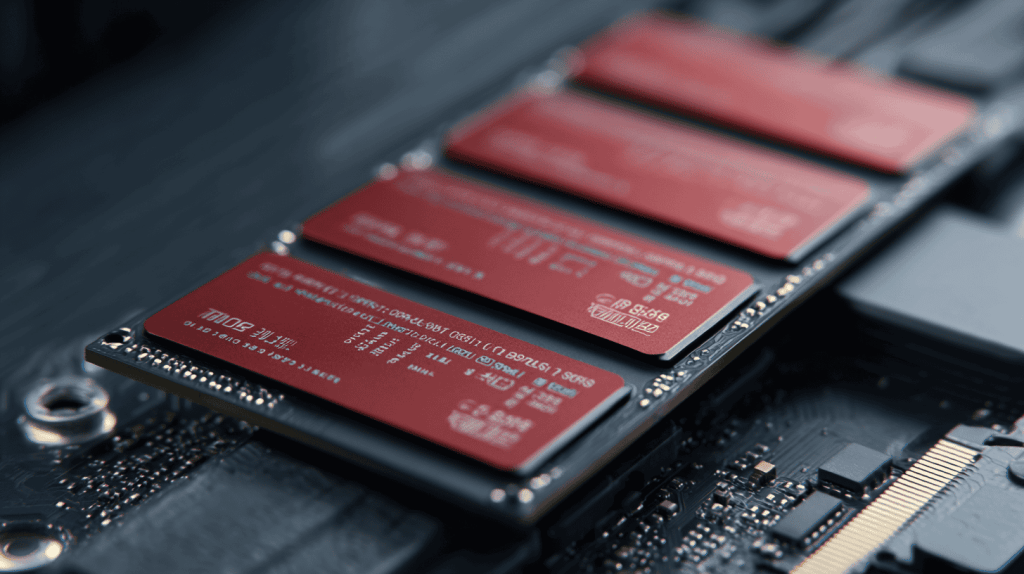 Close-up of a modern solid-state drive (SSD) on a motherboard, emphasizing its small size and advanced technology for faster computer performance.