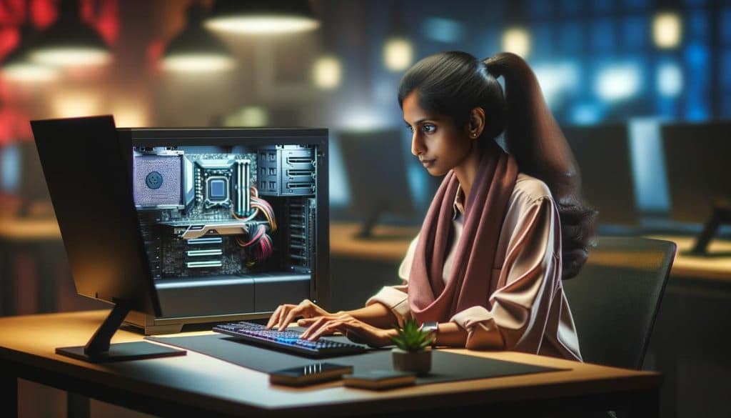 Woman using a computer with visible hardware components