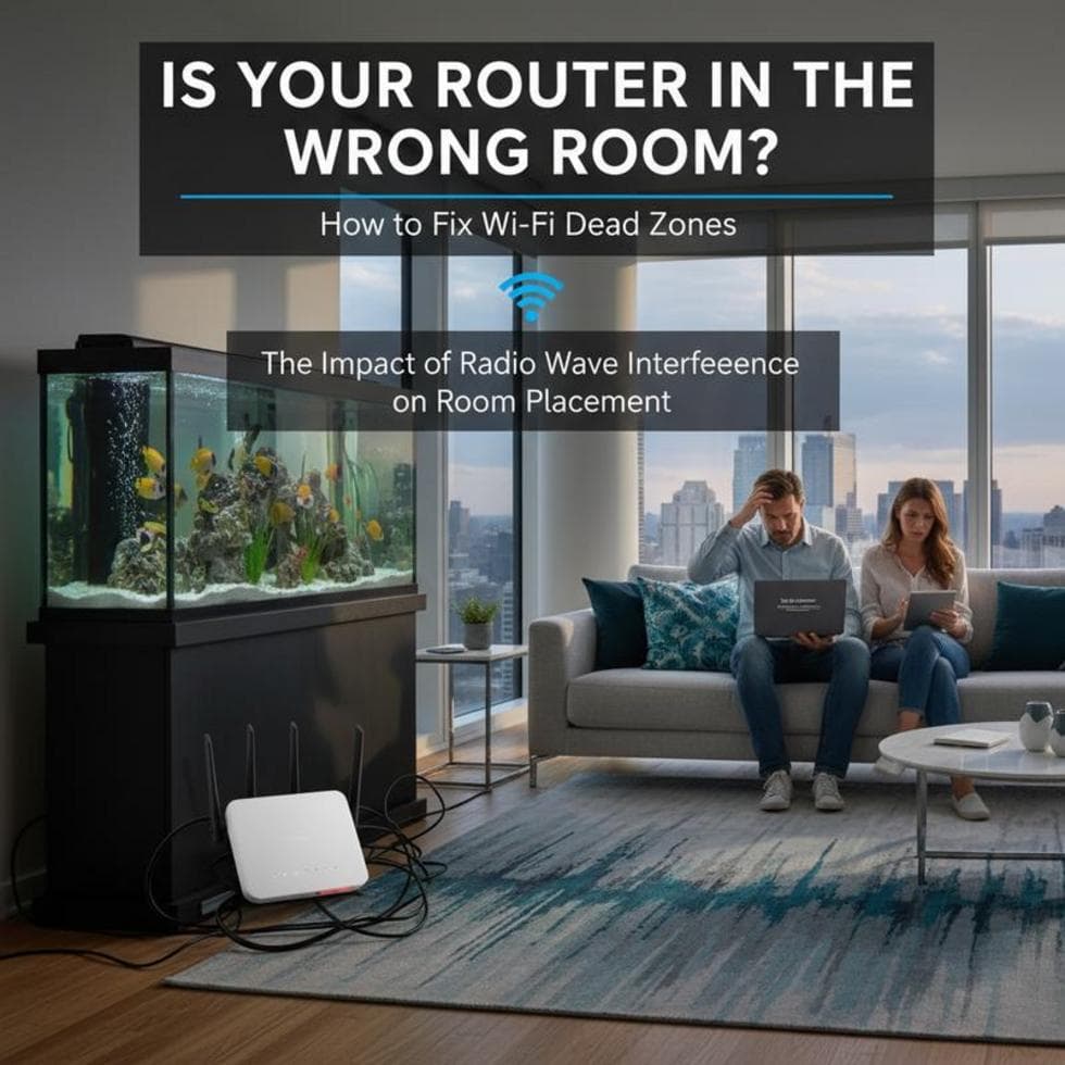 A contrasting image of a router hidden in a closet versus one placed in an optimal spot for better coverage.