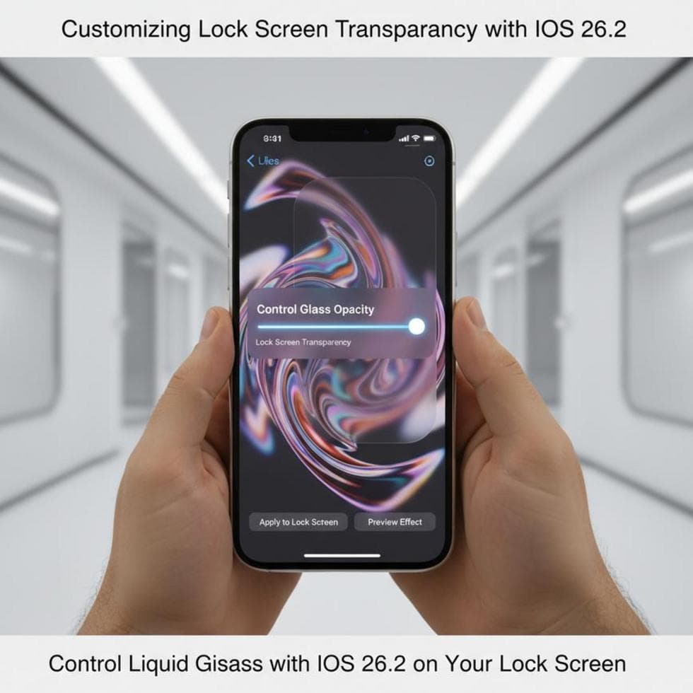 An iPhone featuring the new Liquid Glass settings from iOS 26.2 against a futuristic backdrop.