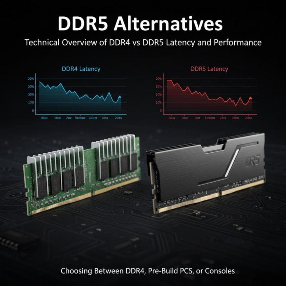 A collage featuring DDR4 memory, pre-built PCs, and consoles, illustrating various alternatives to DDR5.