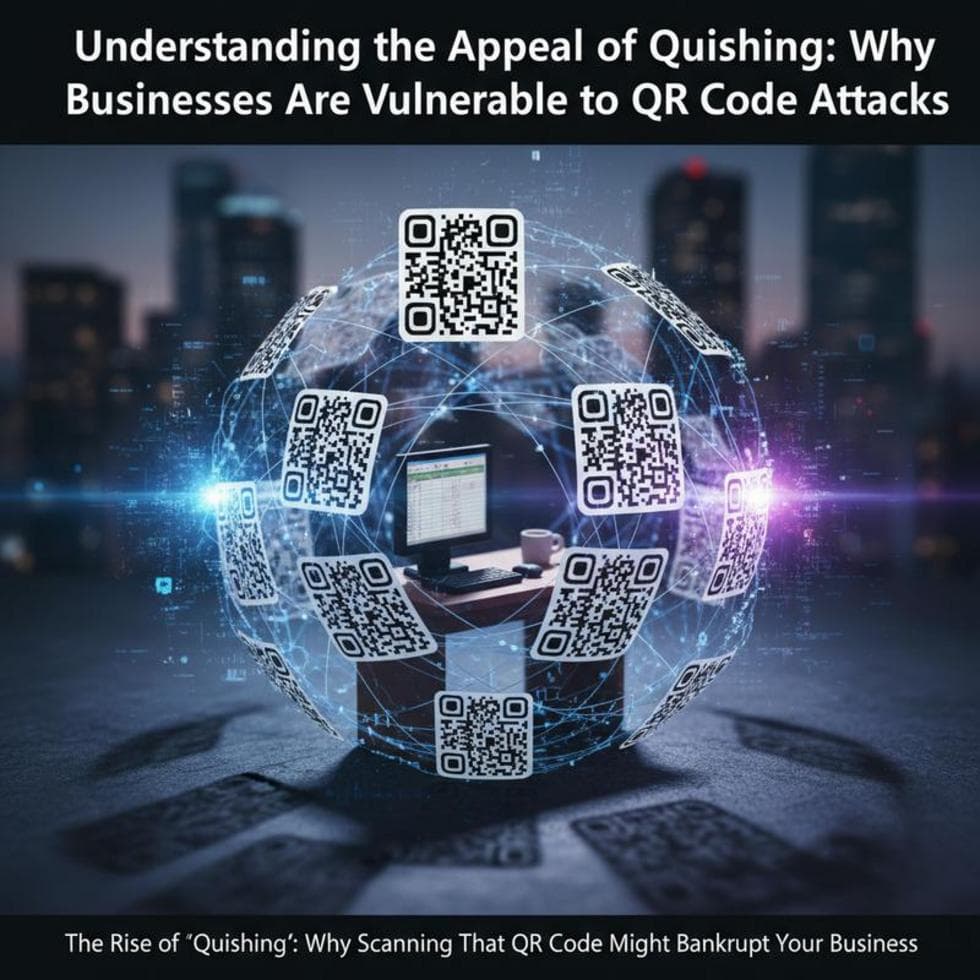 A QR code casting a hacker's shadow over a digital workspace, representing cybersecurity threats.