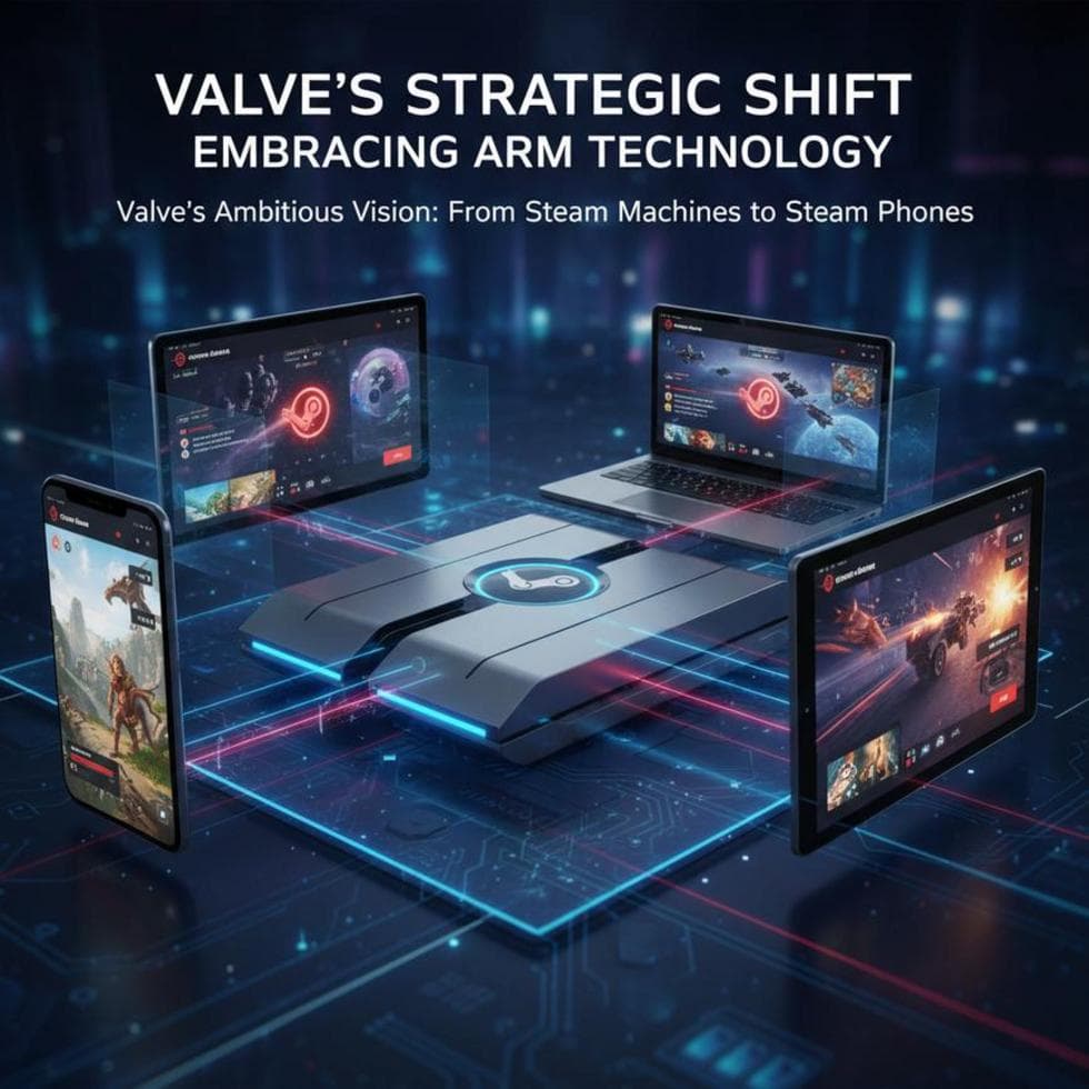 A dynamic scene showcasing a seamless gaming experience on various Arm-powered devices, reflecting Valve's vision.