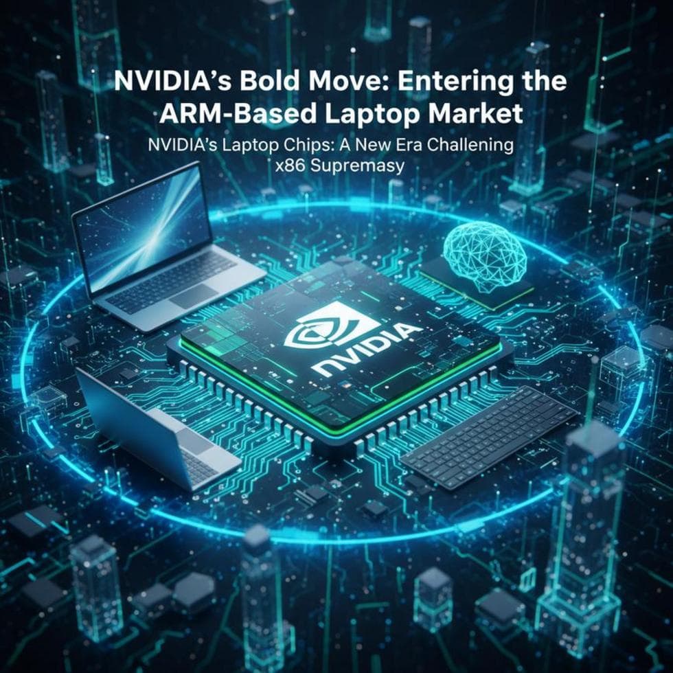Futuristic graphic illustrating NVIDIA's entry into ARM-based laptop technology.