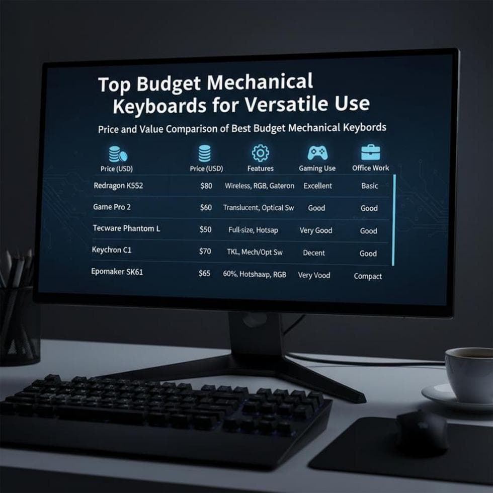 A digital collage showcasing different budget mechanical keyboards, highlighting their versatility for gaming and office use.