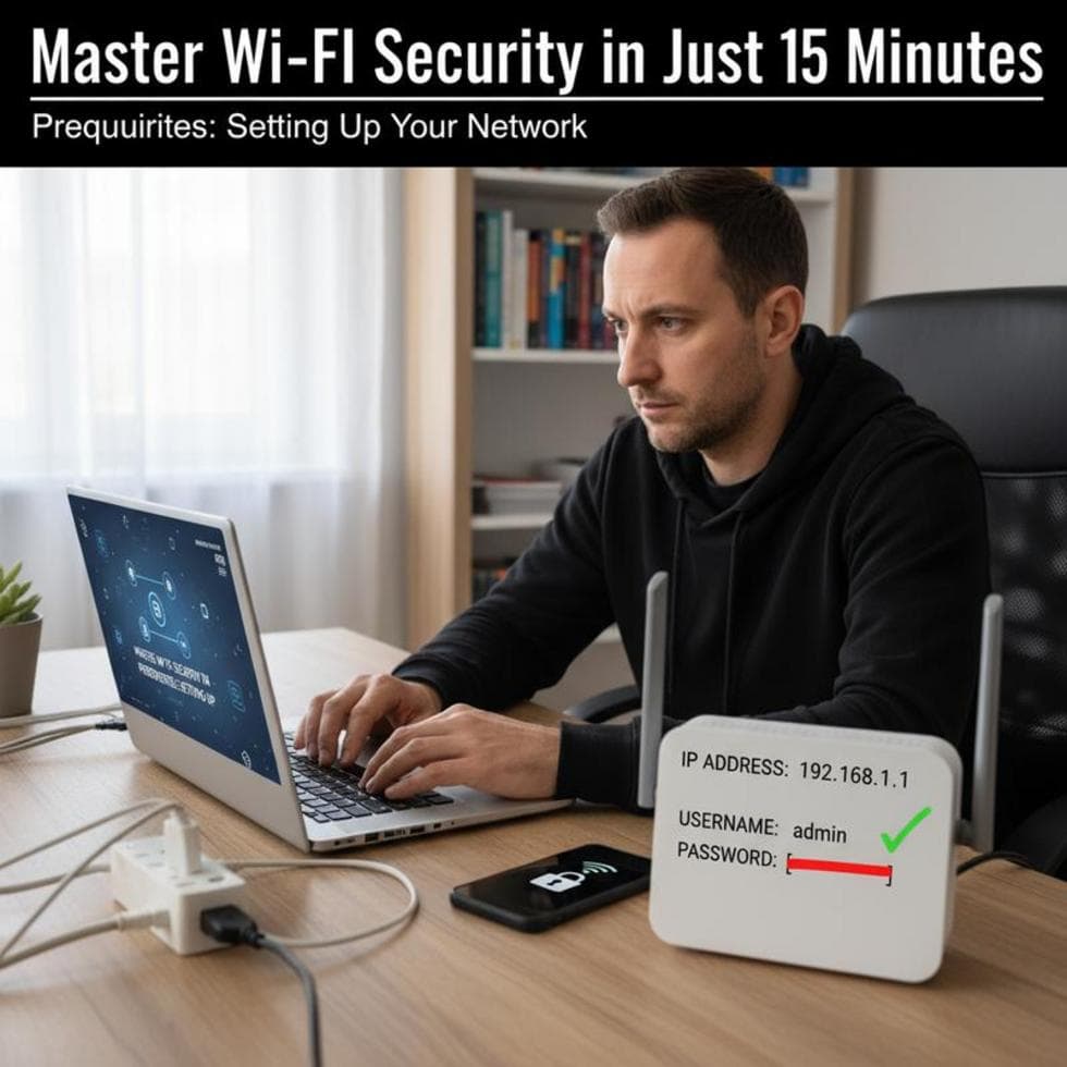 A couple happy with their home Wi-Fi security setup, laptop open on table showing router settings.