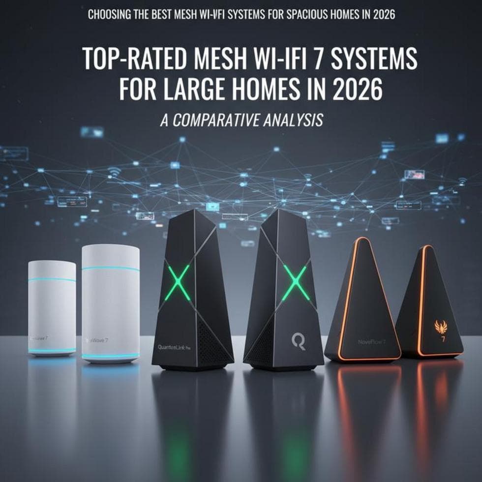 Interior of a large home displaying a modern mesh Wi-Fi system setup with nodes in several rooms.