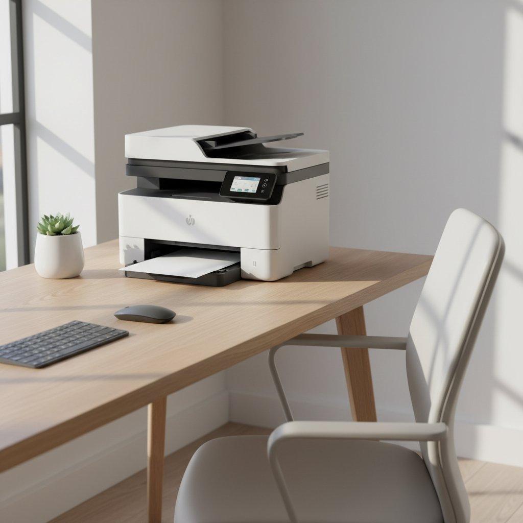A sleek modern multifunction printer on a minimalist home office desk