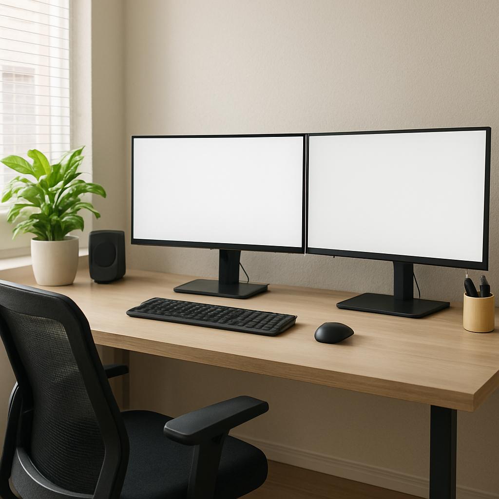 A well-lit, modern home office setup with a dual monitor display and ergonomic chair