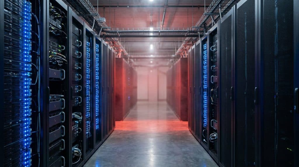 Data center server aisle with one section glowing red, illustrating suspended access to AI models