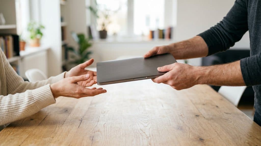 Person handing over a used laptop to a buyer across a table