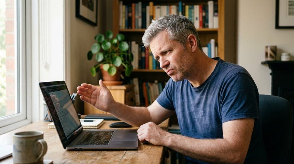 Man leaning toward a laptop listening to a loud cooling fan and feeling warm air