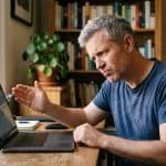 Man leaning toward a laptop listening to a loud cooling fan and feeling warm air