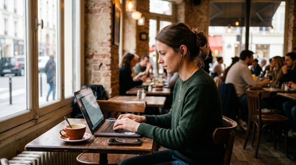 Woman working on a laptop on public Wi-Fi at a cafe