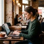 Woman working on a laptop on public Wi-Fi at a cafe