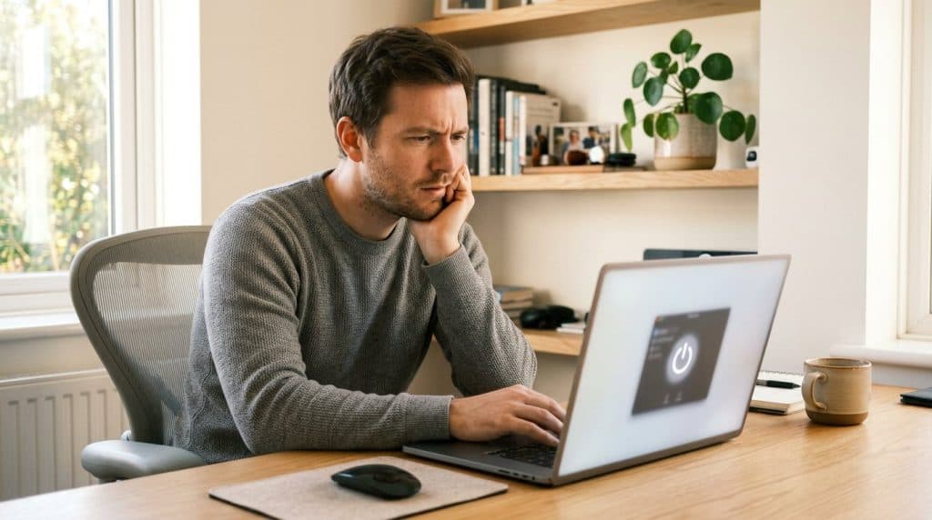 Man at a laptop deciding between restart and shut down in Windows 11