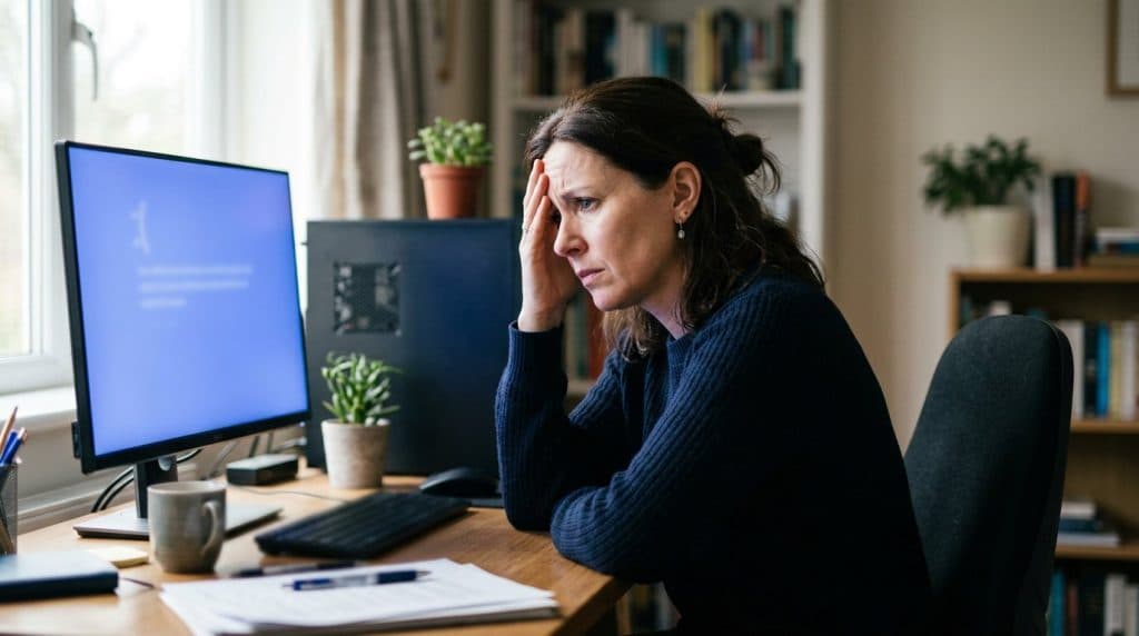 Worried woman looking at a desktop monitor showing a blue error screen