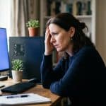 Worried woman looking at a desktop monitor showing a blue error screen