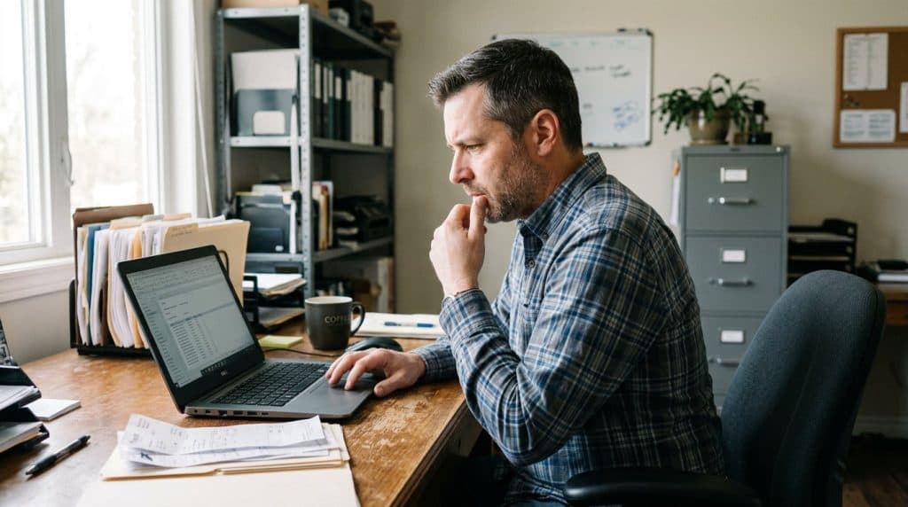 Small business owner looking concerned at a laptop in a back office