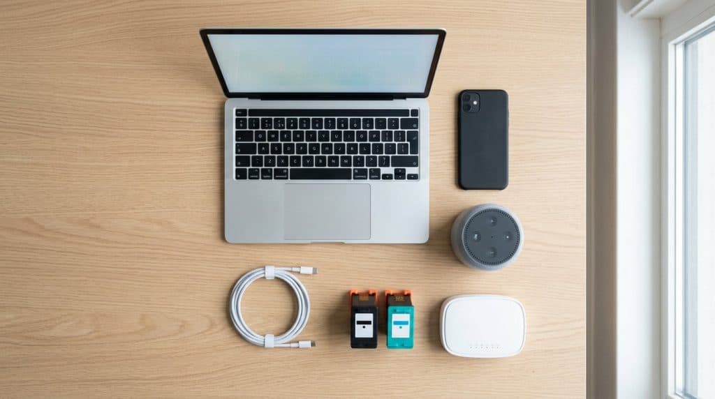 Flat-lay of everyday home tech: laptop, phone, router, ink cartridges, and speaker