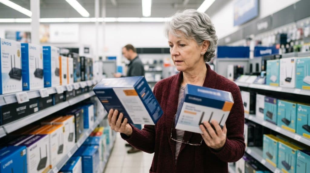 Shopper comparing two router boxes on an electronics store shelf, unsure which one to buy