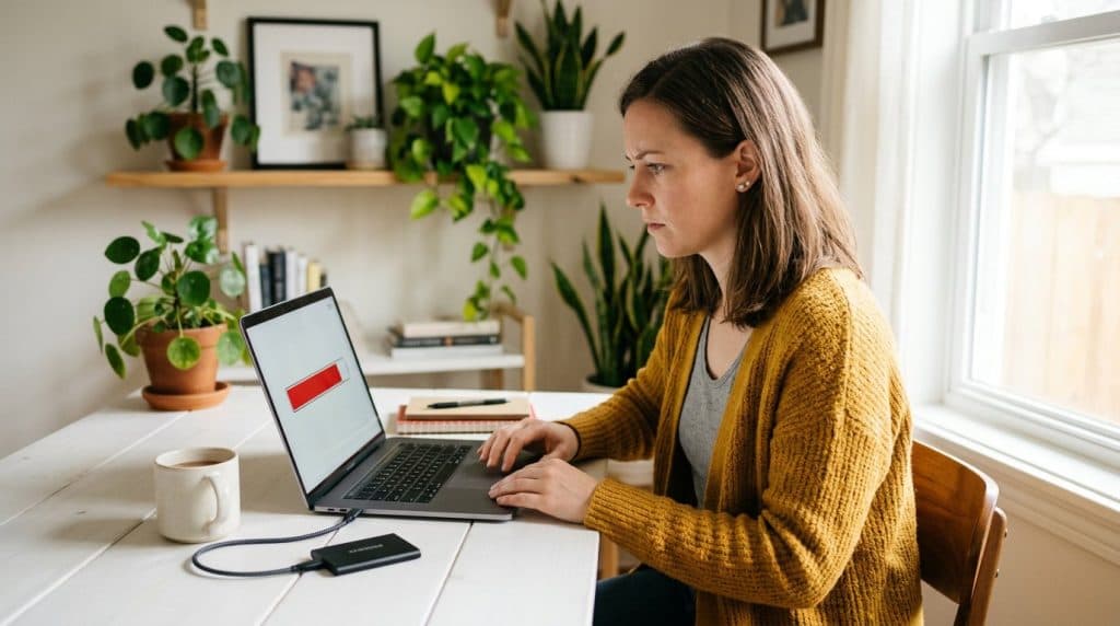 Woman at a laptop showing an almost full Windows disk storage bar