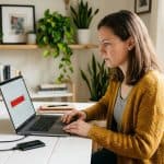 Woman at a laptop showing an almost full Windows disk storage bar