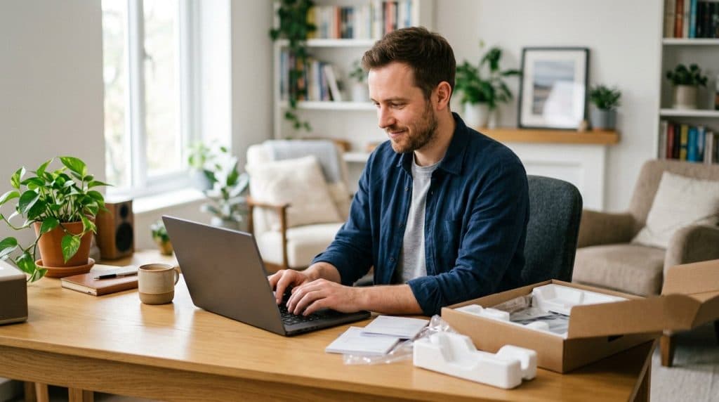 Person setting up a brand-new Windows laptop on a desk