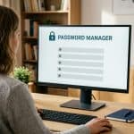 Viewing saved passwords in a browser password manager on a laptop
