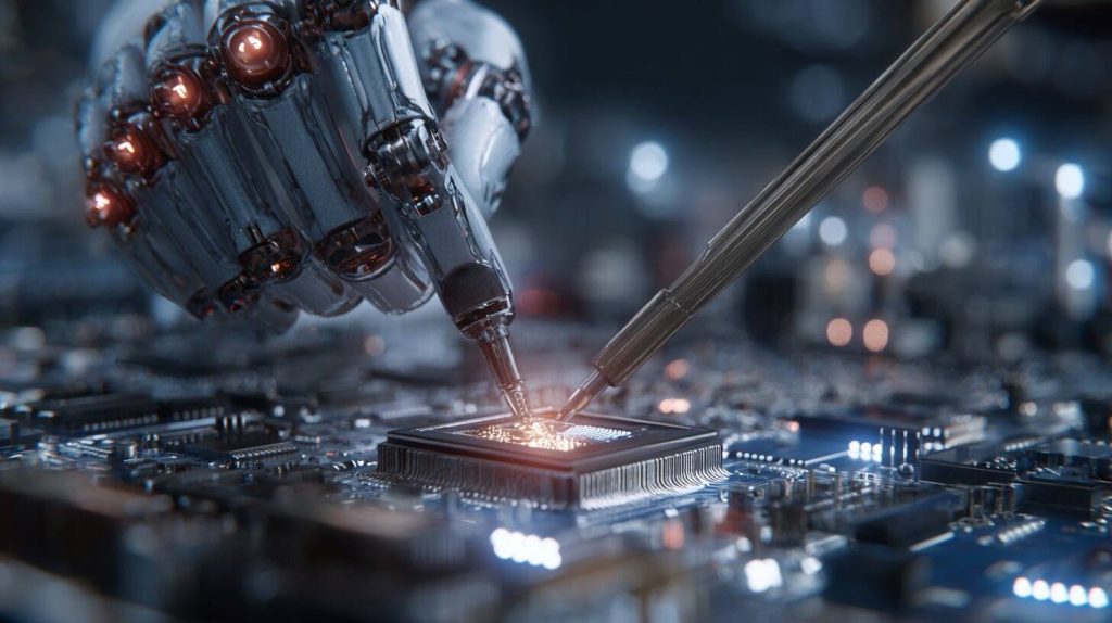 Technician repairing a high-performance AI chip, likely Nvidia H100, in a clandestine workshop in China.