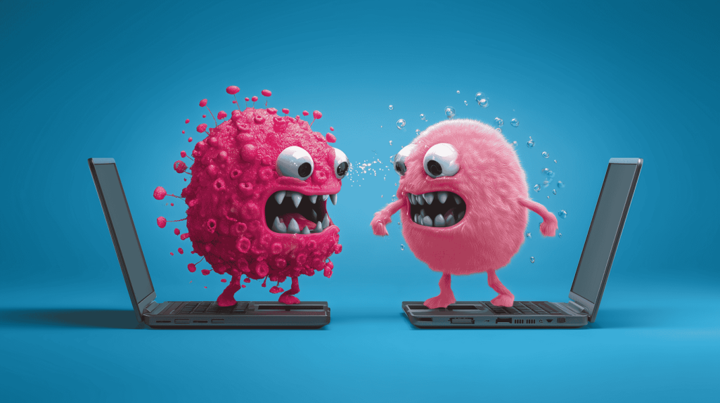 Conceptual image of a laptop under virus attack, symbolizing cybersecurity threats and malware infection.