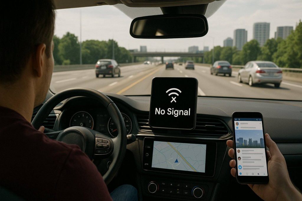 Driver on highway facing GPS and internet outage, showing "No Signal" on dashboard and phone