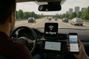 Driver on highway facing GPS and internet outage, showing "No Signal" on dashboard and phone