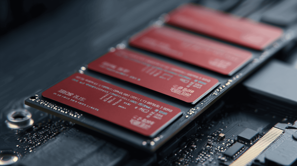 Close-up of a modern solid-state drive (SSD) on a motherboard, emphasizing its small size and advanced technology for faster computer performance.
