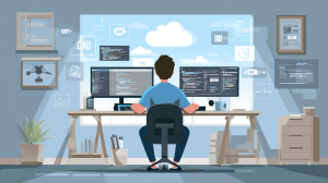 Man working at a modern desk with multiple monitors, coding and IT graphics floating in the background, symbolizing technology and computer support.