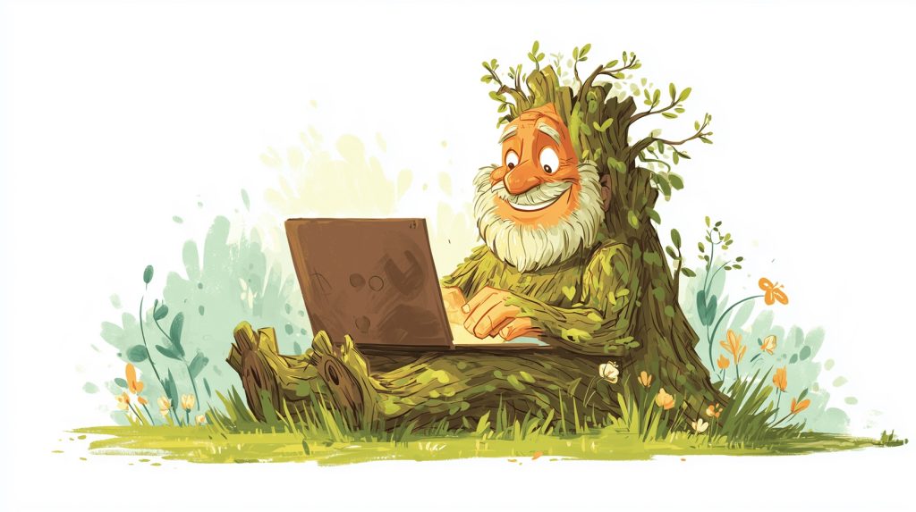 Cheerful old man resembling a tree sitting on grass with a laptop, cartoon humorous illustration