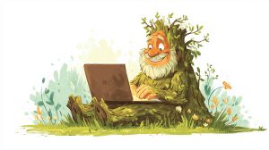 Cheerful old man resembling a tree sitting on grass with a laptop, cartoon humorous illustration