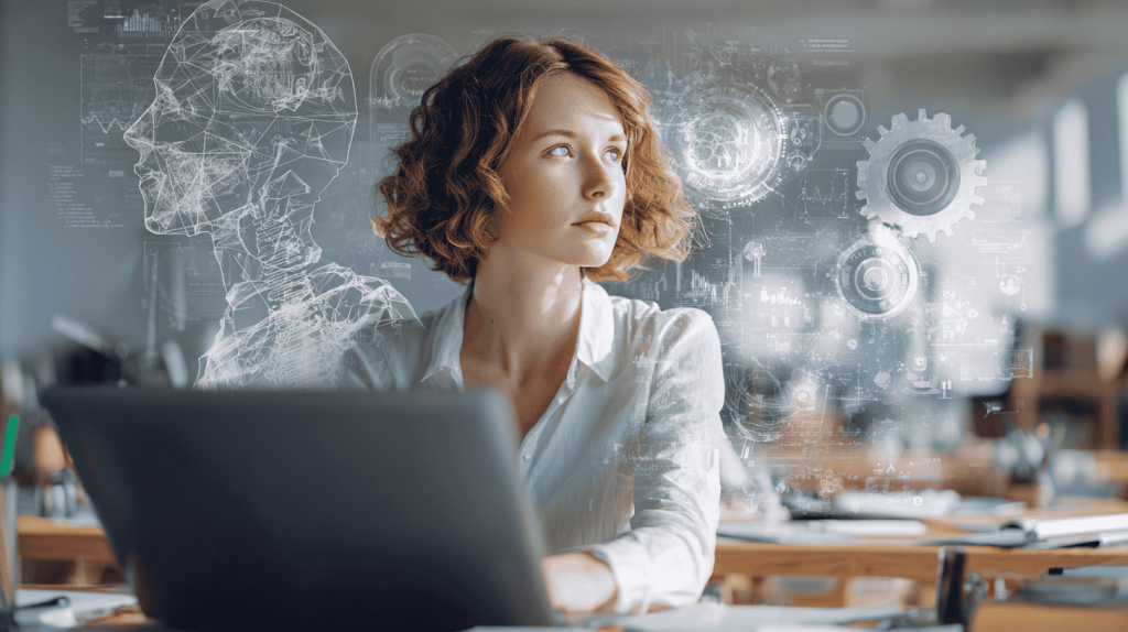 IT Carolina: a professional working on a laptop surrounded by AI diagrams and gears, illustrating the company’s focus on technology and innovation