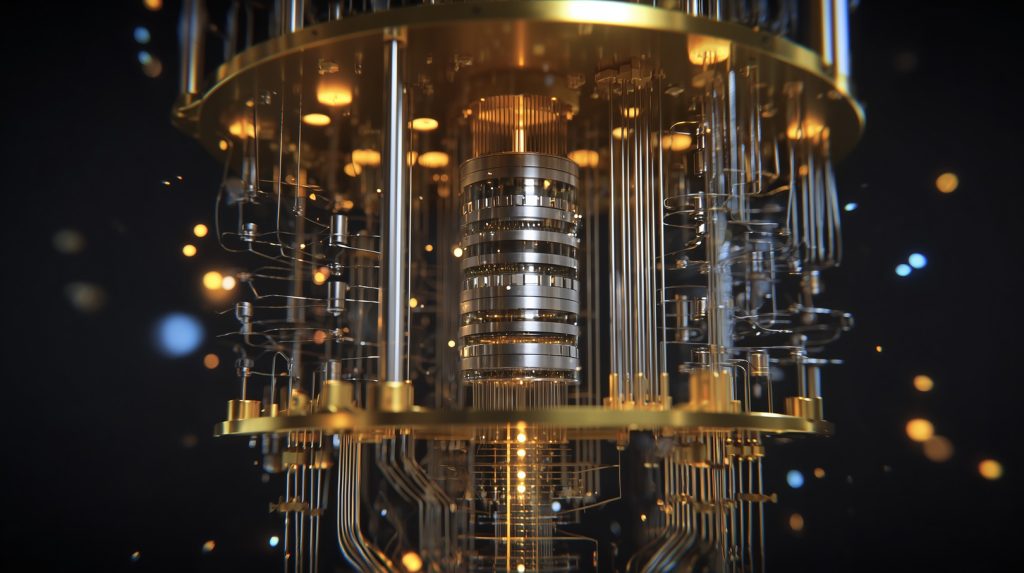 Close-up of a quantum computer cryostat with gold wiring and a stacked superconducting qubit processor