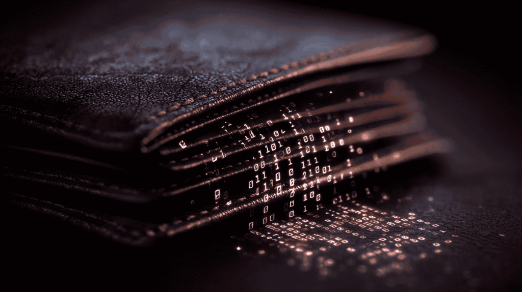 Digital wallet leaking binary code – visual metaphor for data breach and loss of personal information.