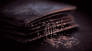 Digital wallet leaking binary code – visual metaphor for data breach and loss of personal information.