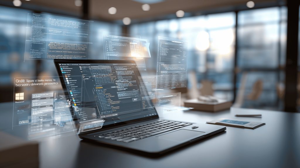 Windows laptop with floating virtual desktops and coding windows, symbolizing productivity tips and hidden features