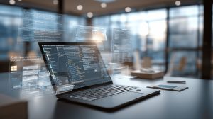 Windows laptop with floating virtual desktops and coding windows, symbolizing productivity tips and hidden features