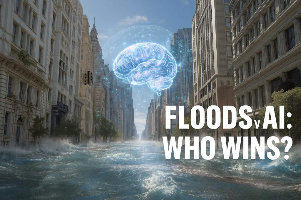 Digital brain hovering over a flooded city street – symbolizing AI versus natural disasters in flood forecasting.