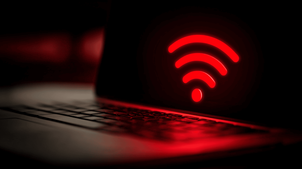 Frustrated user with a laptop showing no internet connection – symbolizing Wi-Fi or network issues.