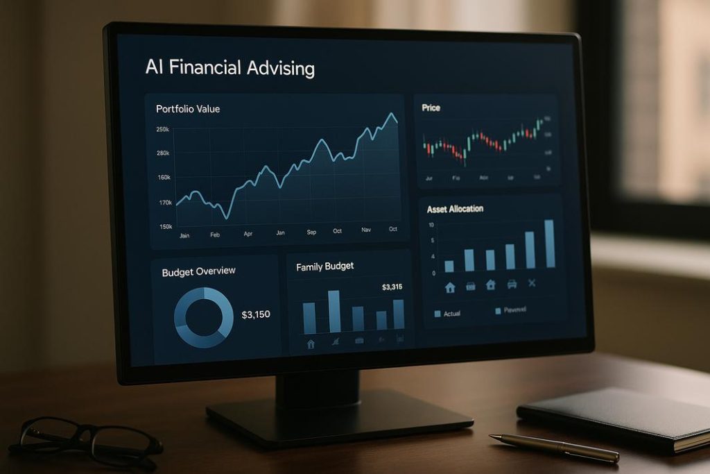 Dashboard showing AI financial advising insights and budget management tools.