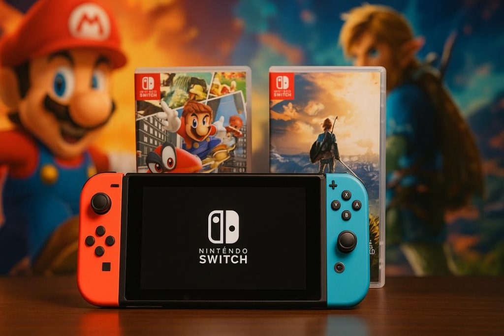 Nintendo Switch with game cases featuring Super Mario and The Legend of Zelda
