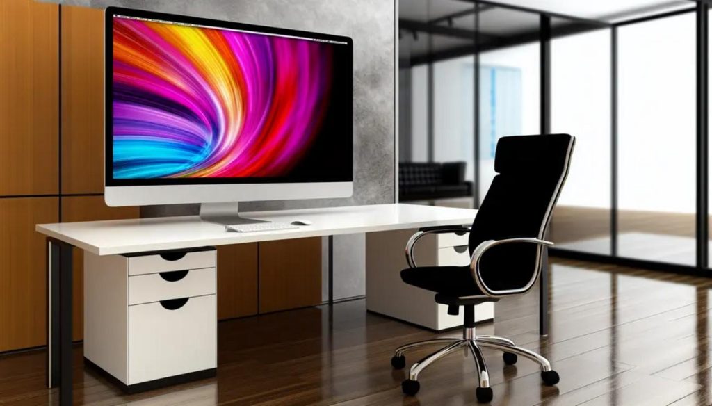 A large high-resolution monitor in a modern office space illustrating an ideal work setup.