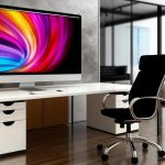 A large high-resolution monitor in a modern office space illustrating an ideal work setup.