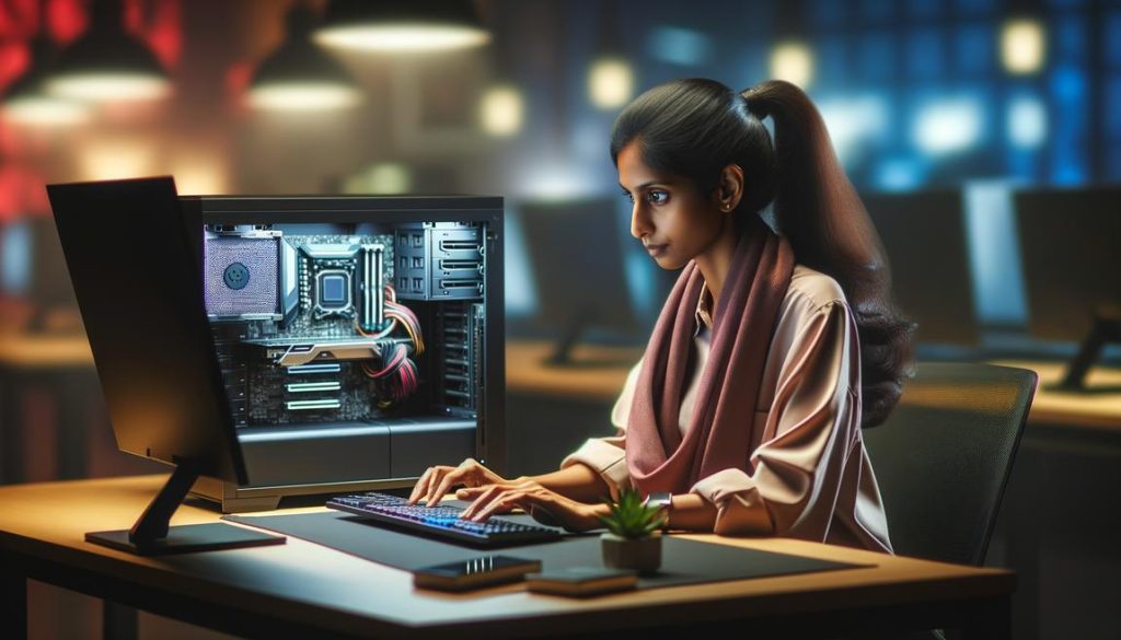 Woman using a computer with visible hardware components